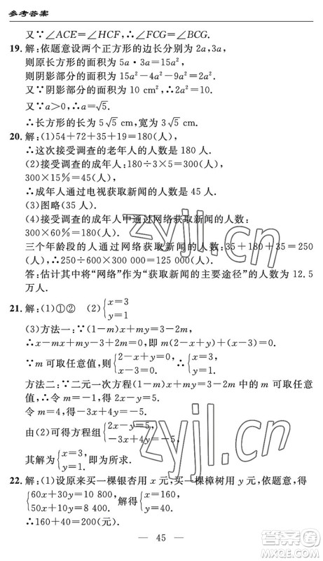 长江少年儿童出版社2022智慧课堂自主评价七年级数学下册通用版宜昌专版答案