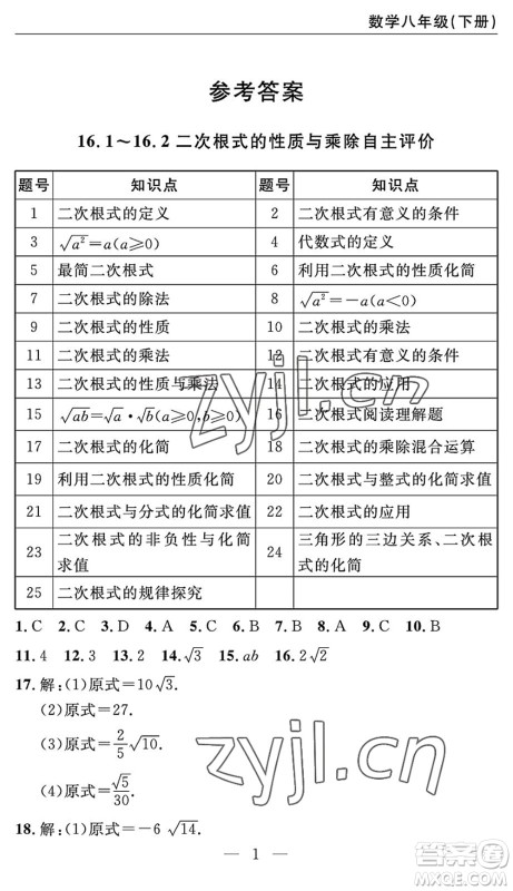 长江少年儿童出版社2022智慧课堂自主评价八年级数学下册通用版答案