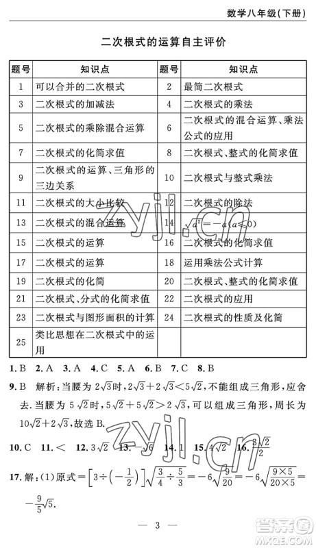 长江少年儿童出版社2022智慧课堂自主评价八年级数学下册通用版答案