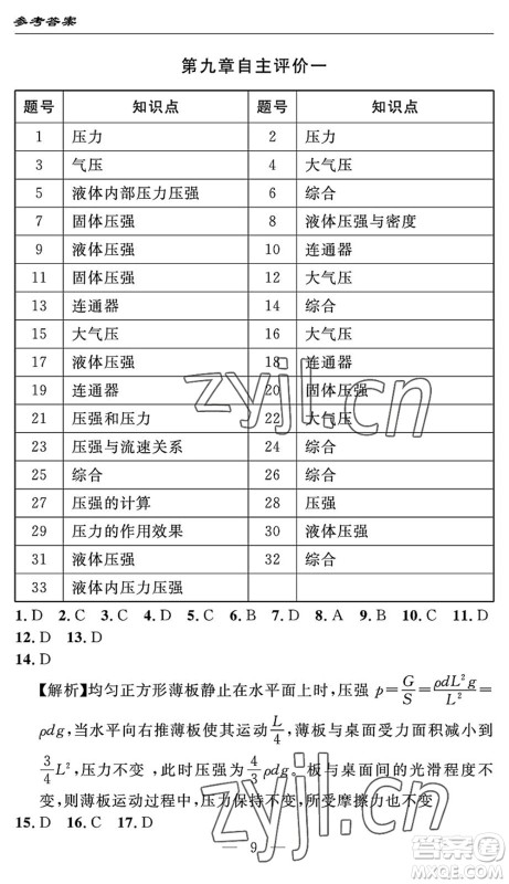 长江少年儿童出版社2022智慧课堂自主评价八年级物理下册通用版答案