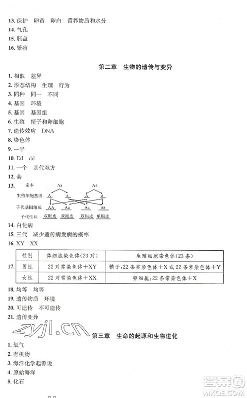 长江少年儿童出版社2022智慧课堂自主评价八年级生物下册通用版答案