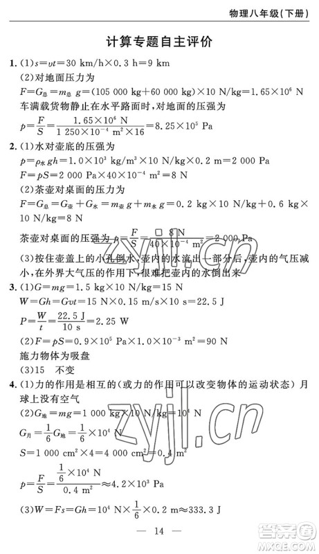 长江少年儿童出版社2022智慧课堂自主评价八年级物理下册通用版宜昌专版答案