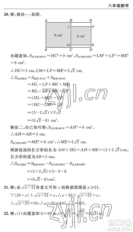 长江少年儿童出版社2022智慧课堂自主评价八年级数学下册通用版宜昌专版答案