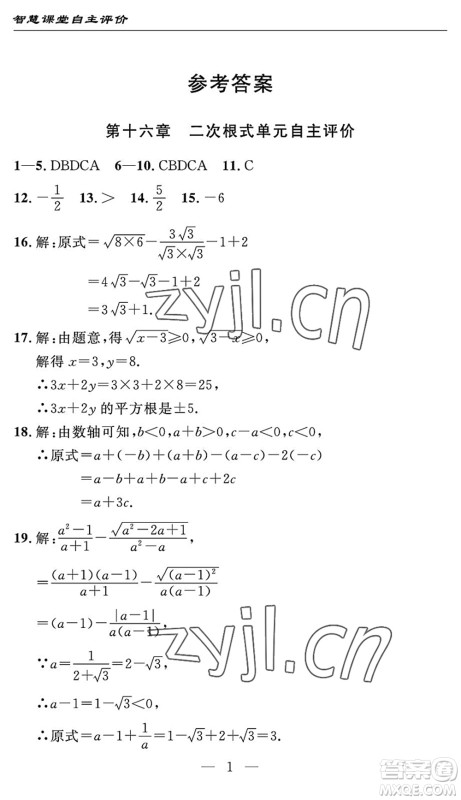 长江少年儿童出版社2022智慧课堂自主评价八年级数学下册通用版宜昌专版答案