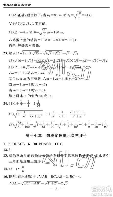 长江少年儿童出版社2022智慧课堂自主评价八年级数学下册通用版宜昌专版答案