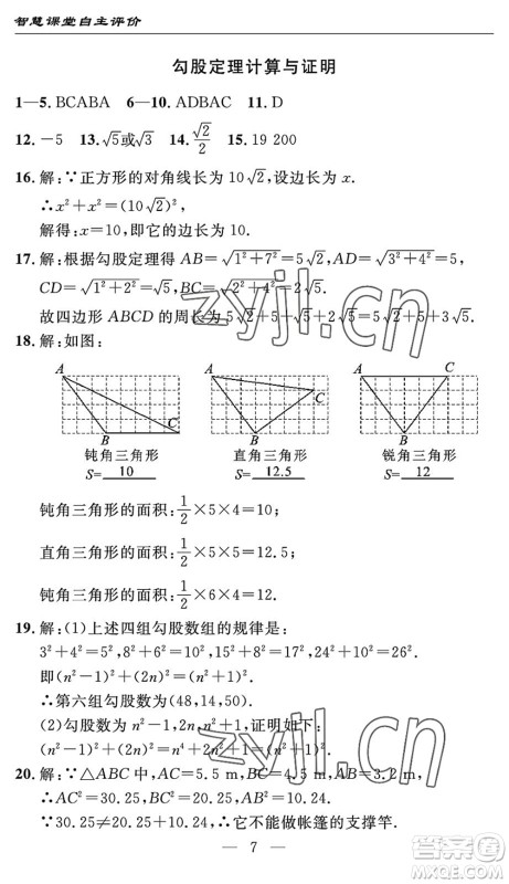 长江少年儿童出版社2022智慧课堂自主评价八年级数学下册通用版宜昌专版答案