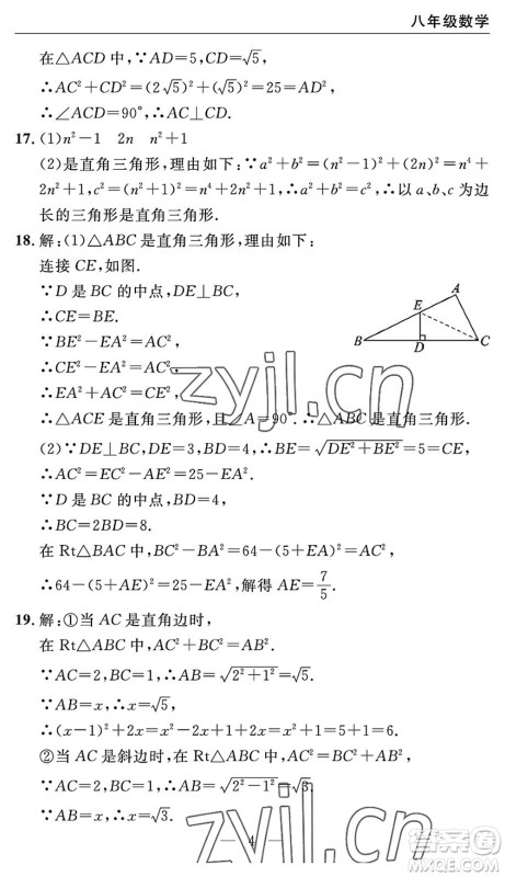 长江少年儿童出版社2022智慧课堂自主评价八年级数学下册通用版宜昌专版答案