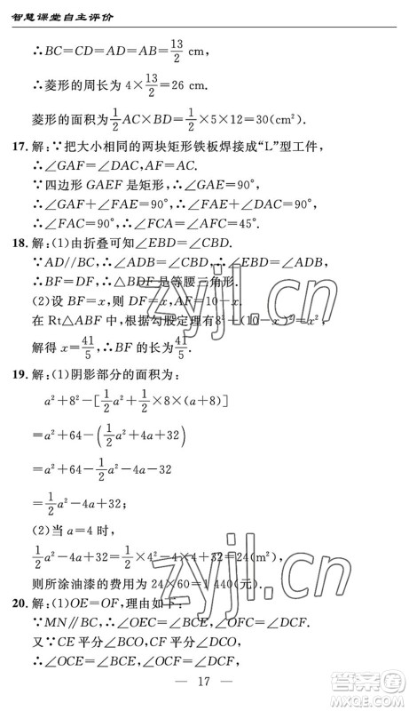 长江少年儿童出版社2022智慧课堂自主评价八年级数学下册通用版宜昌专版答案