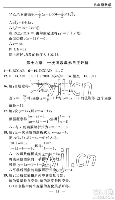 长江少年儿童出版社2022智慧课堂自主评价八年级数学下册通用版宜昌专版答案