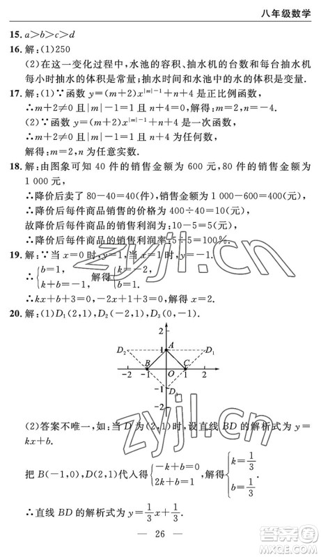 长江少年儿童出版社2022智慧课堂自主评价八年级数学下册通用版宜昌专版答案