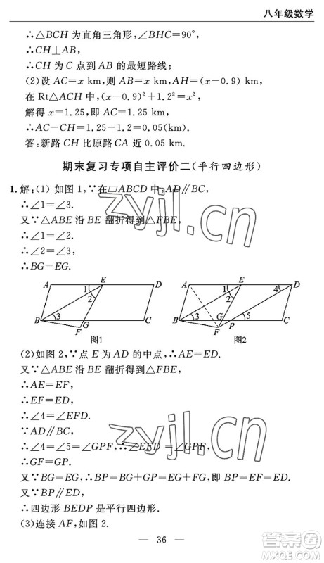 长江少年儿童出版社2022智慧课堂自主评价八年级数学下册通用版宜昌专版答案