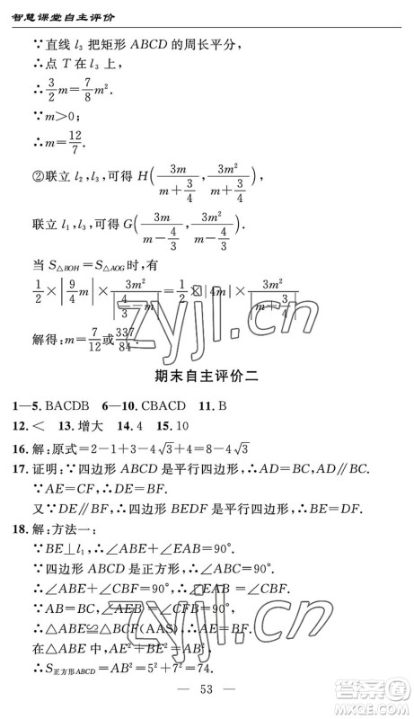 长江少年儿童出版社2022智慧课堂自主评价八年级数学下册通用版宜昌专版答案