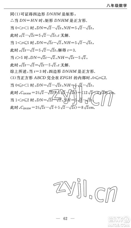 长江少年儿童出版社2022智慧课堂自主评价八年级数学下册通用版宜昌专版答案