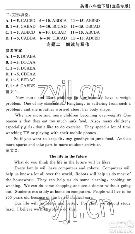 长江少年儿童出版社2022智慧课堂自主评价八年级英语下册通用版宜昌专版答案