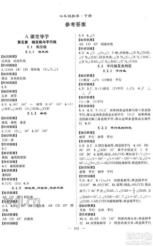 长江少年儿童出版社2022智慧课堂创新作业七年级数学下册人教版答案