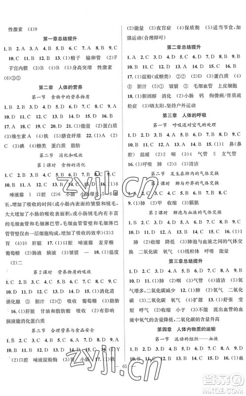 长江少年儿童出版社2022智慧课堂创新作业七年级生物下册人教版答案