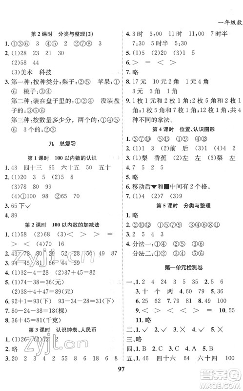 吉林教育出版社2022全优学习达标训练一年级数学下册XS西师版答案