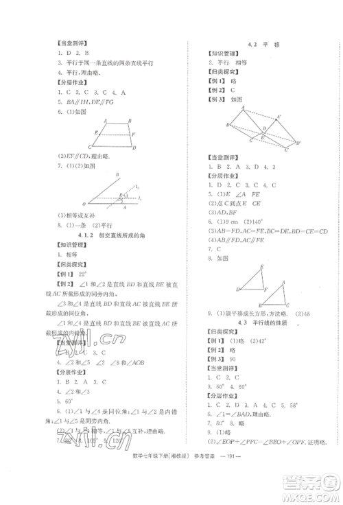 湖南教育出版社2022全效学习同步学练测七年级下册数学湘教版参考答案