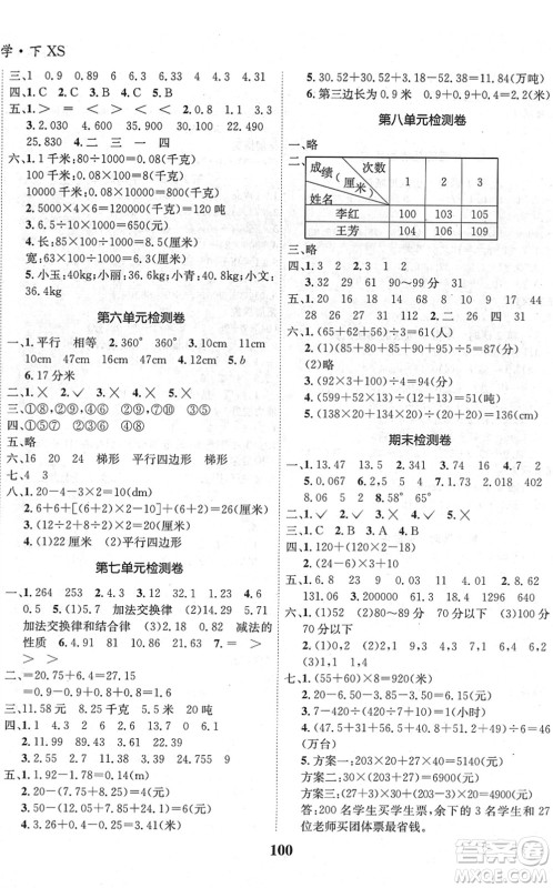吉林教育出版社2022全优学习达标训练四年级数学下册XS西师版答案