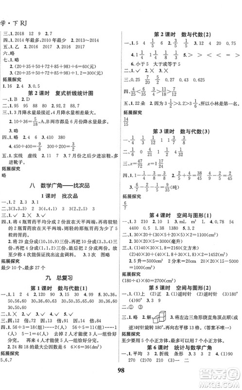 吉林教育出版社2022全优学习达标训练五年级数学下册RJ人教版答案