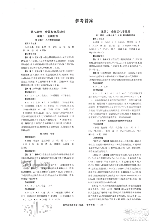 湖南教育出版社2022全效学习同步学练测九年级下册化学人教版参考答案