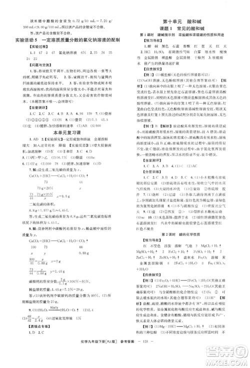 湖南教育出版社2022全效学习同步学练测九年级下册化学人教版参考答案