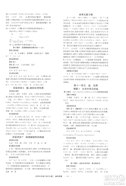 湖南教育出版社2022全效学习同步学练测九年级下册化学人教版参考答案