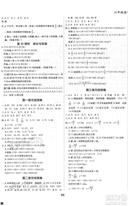 吉林教育出版社2022全优学习达标训练六年级数学下册XS西师版答案