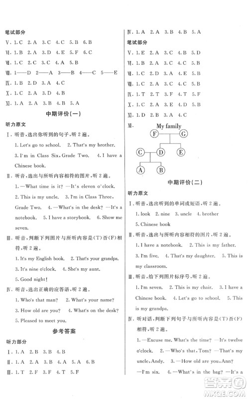 新疆青少年出版社2022优学1+1评价与测试三年级英语下册人教版答案