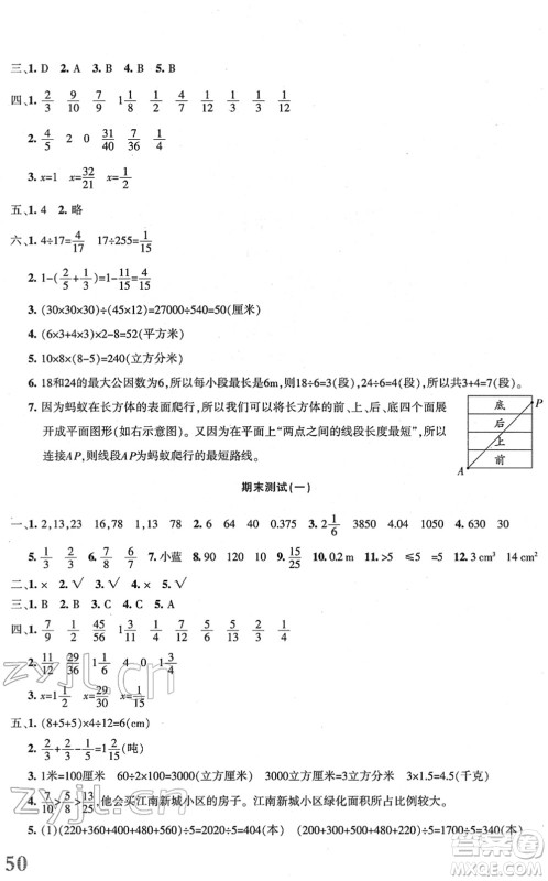 新疆青少年出版社2022优学1+1评价与测试五年级数学下册人教版答案