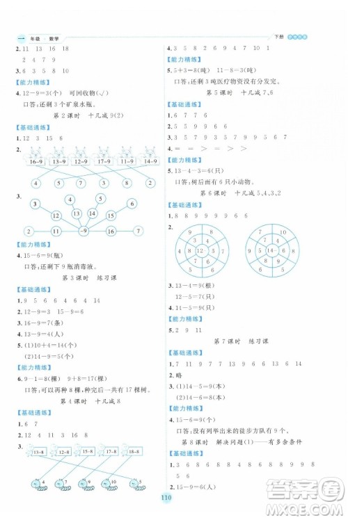 延边人民出版社2022优秀生作业本数学一年级下册人教版参考答案