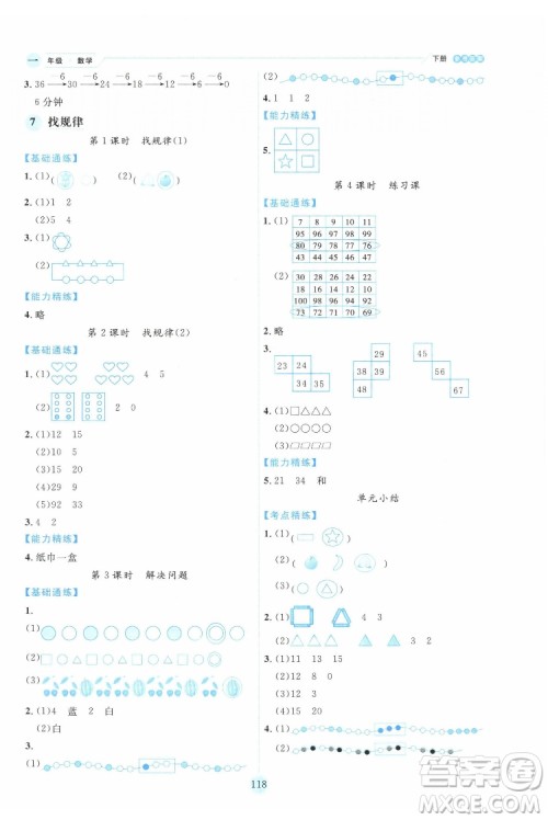 延边人民出版社2022优秀生作业本数学一年级下册人教版参考答案