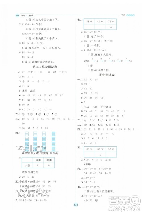 延边人民出版社2022优秀生作业本数学一年级下册人教版参考答案