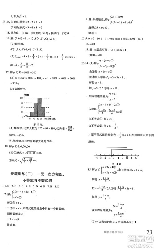 新疆青少年出版社2022优学1+1评价与测试七年级数学下册人教版答案