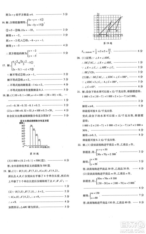 新疆青少年出版社2022优学1+1评价与测试七年级数学下册人教版答案