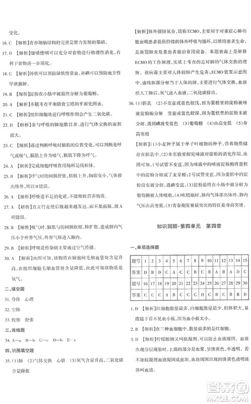 新疆青少年出版社2022优学1+1评价与测试七年级生物下册人教版答案