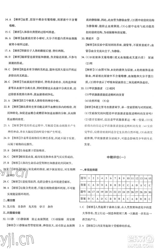 新疆青少年出版社2022优学1+1评价与测试七年级生物下册人教版答案