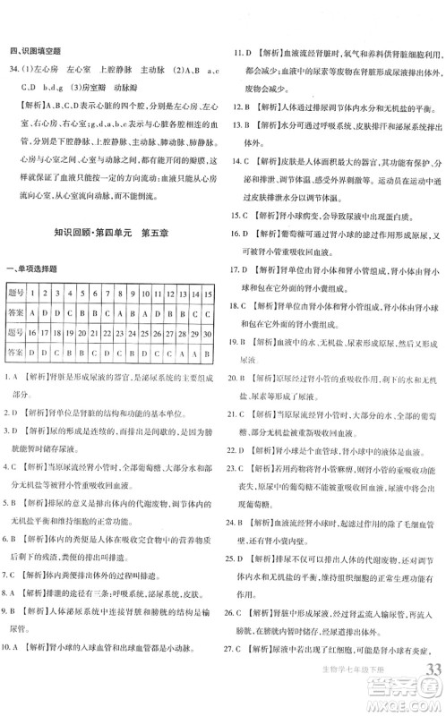 新疆青少年出版社2022优学1+1评价与测试七年级生物下册人教版答案