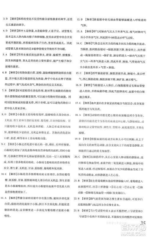 新疆青少年出版社2022优学1+1评价与测试七年级生物下册人教版答案