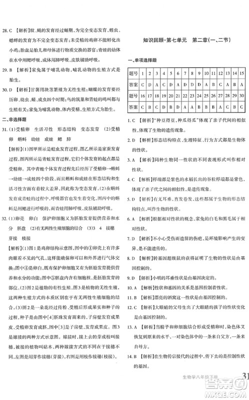 新疆青少年出版社2022优学1+1评价与测试八年级生物下册人教版答案