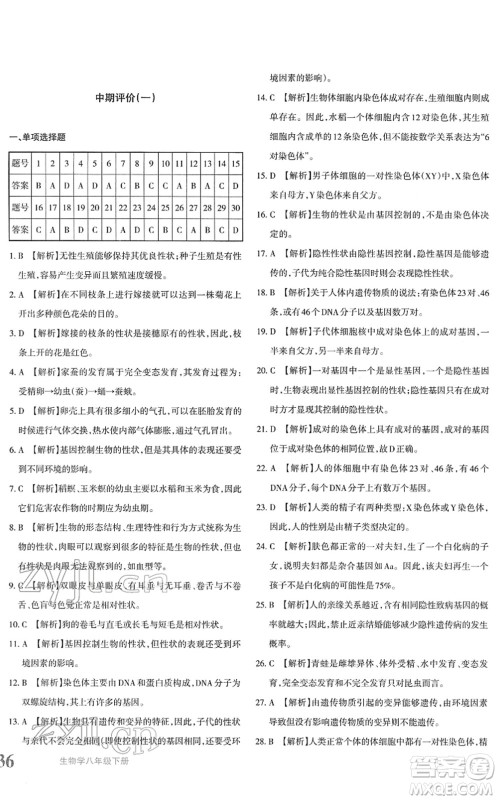 新疆青少年出版社2022优学1+1评价与测试八年级生物下册人教版答案