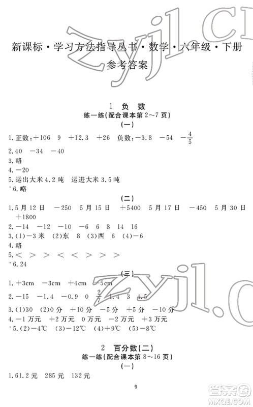 宁波出版社2022学习方法指导丛书六年级数学下册人教版答案