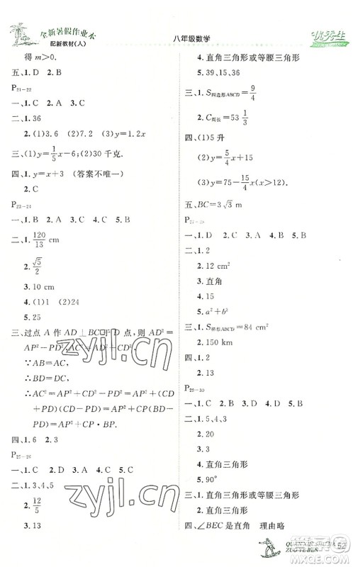 延边人民出版社2022优秀生快乐假期每一天全新暑假作业本八年级数学人教课标版答案