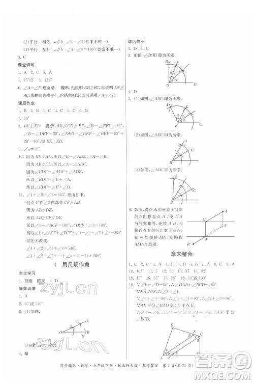 广东人民出版社2022同步精练数学七年级下册北师大版答案