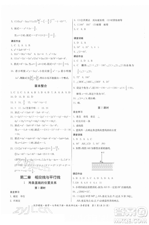 广东人民出版社2022同步精练数学七年级下册北师大版答案