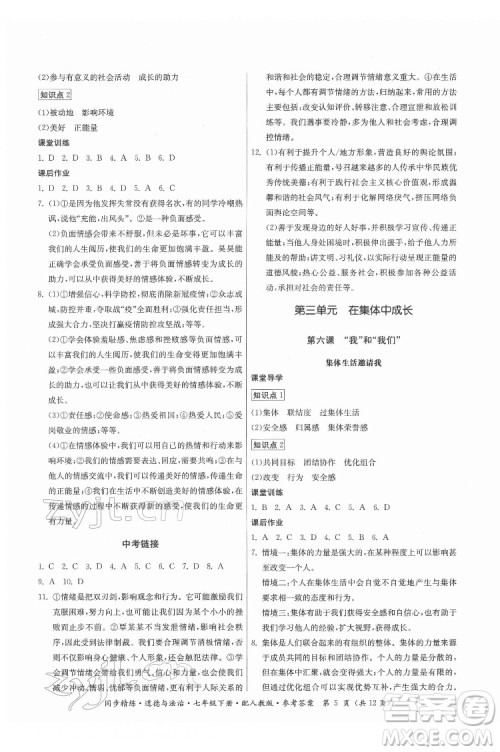 广东人民出版社2022同步精练道德与法治七年级下册人教版答案