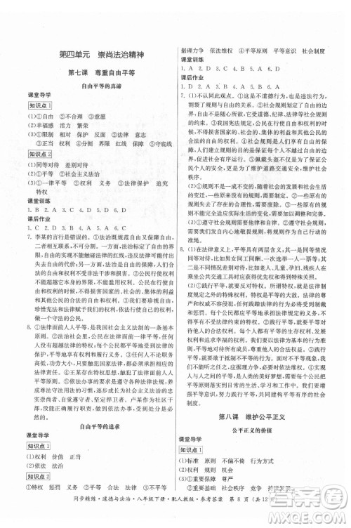 广东人民出版社2022同步精练道德与法治八年级下册人教版答案