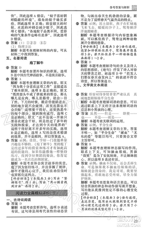 江苏凤凰文艺出版社2022木头马阅读力测评三年级语文下册B版浙江专版答案