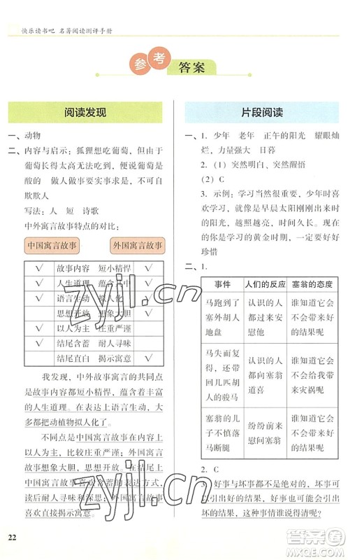 江苏凤凰文艺出版社2022木头马阅读力测评三年级语文下册B版武汉专版答案
