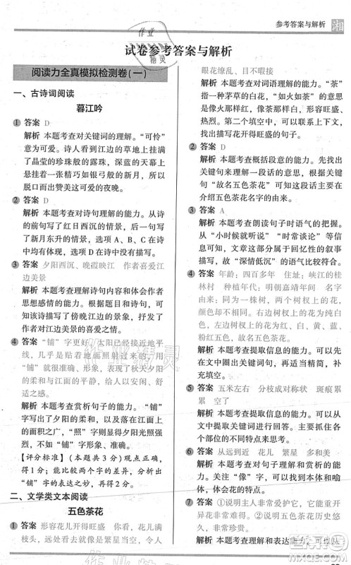 江苏凤凰文艺出版社2022木头马阅读力测评三年级语文A版湖南专版答案